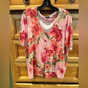 Talbots Vibrant Pink and Red Floral Cardigan Sweater Top Sz 2x